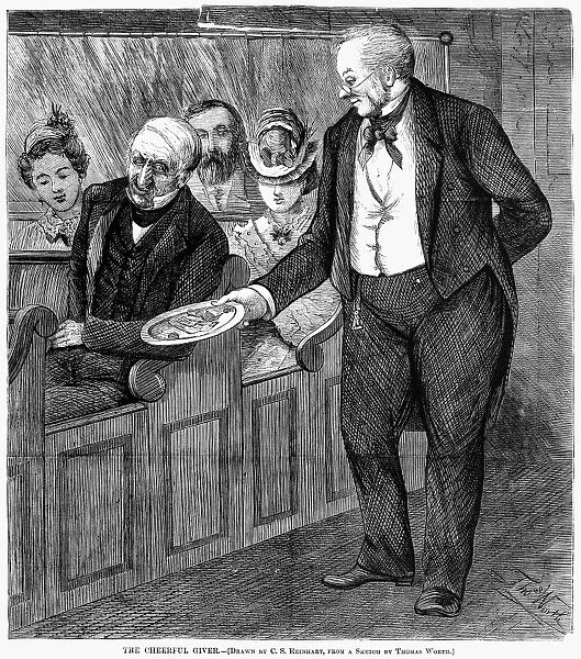 CHURCH COLLECTION. The Cheerful Giver. Passing the collection plate in church. Wood engraving, American, 1872