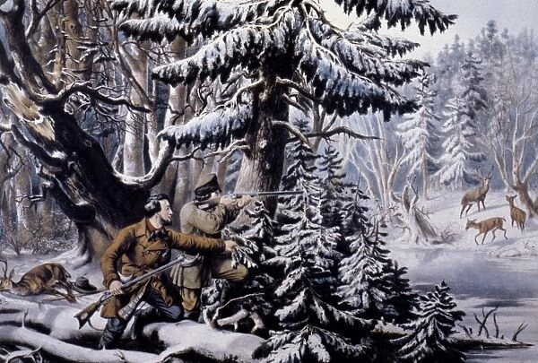 C&I: WINTER SPORTS, 1855. American Winter Sports - Deer Shooting On the Shattagee : lithograph, 1855, by Nathaniel Currier