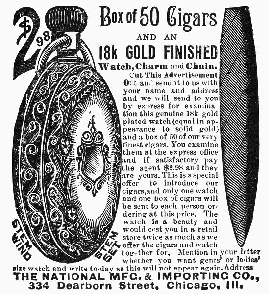 CIGAR AND WATCH AD, 1893. Advertisement for a gold finished watch and a box of