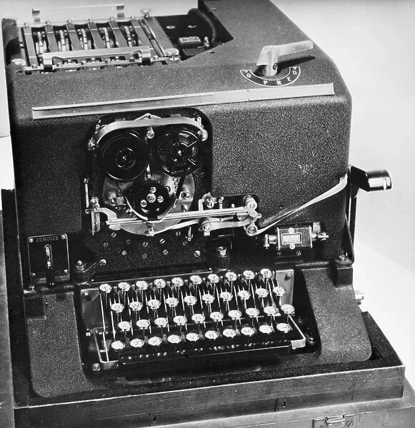 The cipher machine SIGABA, developed in the late 1930s and used by the American government for the encryption and decryption of secret messages from World War II through the 1950s. Photograph, mid or late 20th century