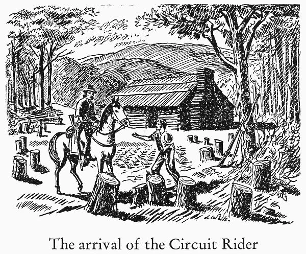 CIRCUIT RIDER. The arrival of a Circuit Rider at a homestead in the West. Wood engraving, American, 20th century
