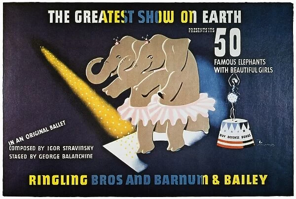 CIRCUS POSTER, 1942. Ringling Brothers and Barnum & Bailey Circus poster by E. McKnight Kauffer, 1942, featuring 50 famous elephants with beautiful girls in a ballet composed by Igor Stravinsky and staged by George Balanchine