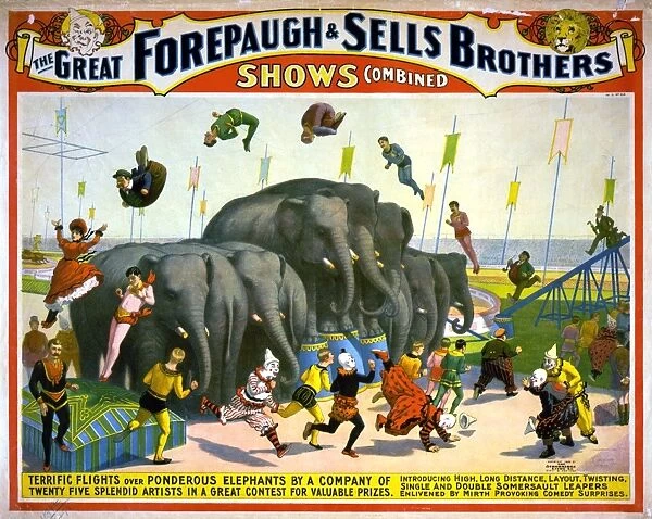 CIRCUS POSTER, c1899. American poster, c1899, for Forepaugh & Sells Brothers Circus, featuring acrobats jumping over a group of elephants