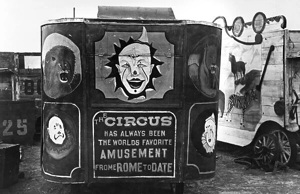 CIRCUS WAGON, 1937. The back of a circus wagon, Alger, Montana. Photograph by Russell Lee