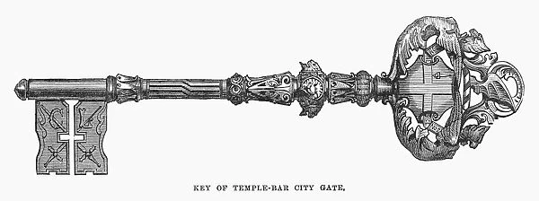CITY OF LONDON KEY, 1872. The key of Temple Bar City Gate at Fleet Street, the westernmost end of the City of London. Wood engraving, English, 1872