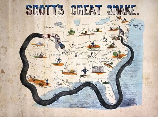 CIVIL WAR: ANACONDA PLAN. Scotts Great Snake or the Anaconda Plan: General Winfield Scotts plan to blockade the Confederacy and conduct a major offensive down the Mississippi River. Lithograph cartoon, Cincinnati, 1861