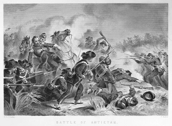 CIVIL WAR: ANTIETAM, 1862. Union soldiers charging at Confederate troops during the Battle of Antietam, Maryland, 17 September 1862. Line engraving, 19th century