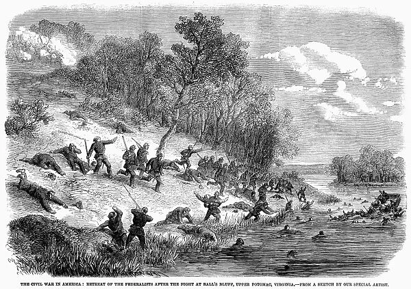CIVIL WAR: BALLs BLUFF. Retreat of Union soldiers after the fight at Balls Bluff on the Upper Potomac River, Virginia, 21 October 1861. Contemporary English wood engraving