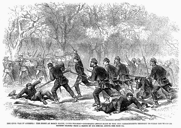 CIVIL WAR: BALLs BLUFF. Soldiers of the 15th Massachusetts Regiment charging with bayonets against Confederate positions at Balls Bluff, Virginia, 21 October 1861. Contemporary English wood engraving