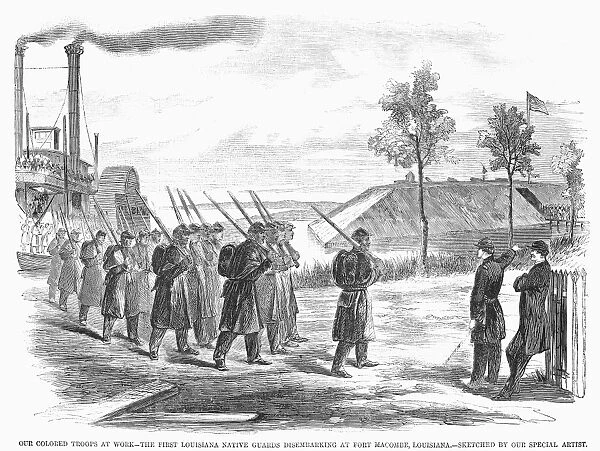 CIVIL WAR: BLACK TROOPS. The First Louisiana Native Guards disembark at Fort Macombe, Louisiana. The guard was one of the first all-black Union regiments in the Civil War. Wood engraving, American, 1863