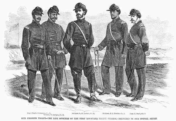 CIVIL WAR: BLACK TROOPS. The line officers of the First Louisiana Native Guards. The regiment was one of the first all-black regiments in the Civil War. Wood engraving, American, 1863