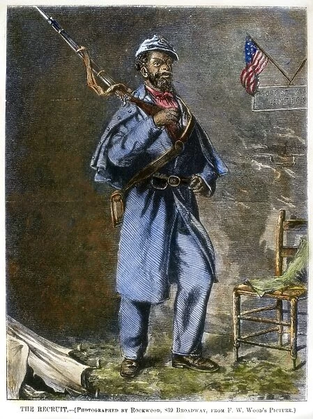 CIVIL WAR: BLACK TROOPS. The Recruit. Wood engraving, 1867, after a painting by Thomas Waterman Wood (1823-1903)