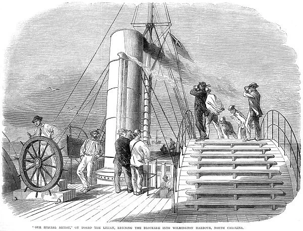 CIVIL WAR: BLOCKADE, 1864. Scene on board the Confederate blockade runner Lilian off the coast of North Carolina. Wood engraving from an English newspaper of 1864