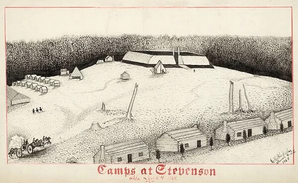 CIVIL WAR: CAMP, 1864. A Confederate camp at Stevenson, Alabama. Ink drawing by G