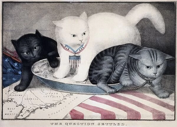 CIVIL WAR: CARTOON, c1865. The Question Settled. White cat labeled Old Abe kicking out a grey cat labeled Jeff Davis. Behind Old Abe is a black cat labeled Contraband. Color lithograph, c1865