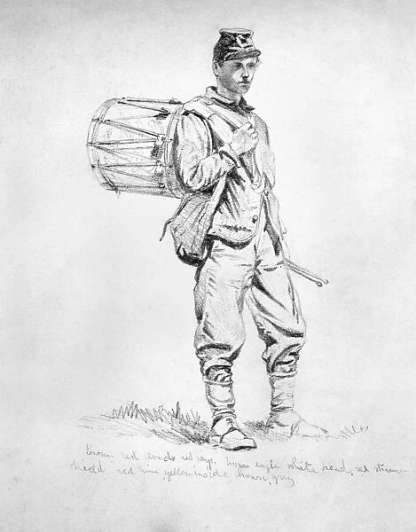 CIVIL WAR: DRUMMER, 1863. Union drummer boy at Beverly Ford, Virginia, 11 August 1863. Pencil drawing, 1863, by Edwin Forbes (1839-1895)