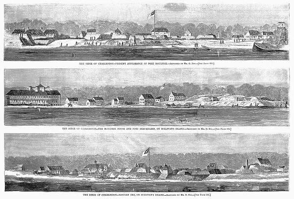 CIVIL WAR: FORT MOULTRIE. Fort Moultrie, batteries and a hotel on Sullivans Island in the harbor of Charleston, South Carolina during the Union blockade, 1863. Wood engraving, 1863