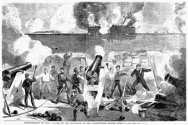 CIVIL WAR: FORT SUMTER, 1861. Confederate batteries on the second day of the bombardment of Fort Sumter, 13 April 1861. Wood engraving, American, 1861