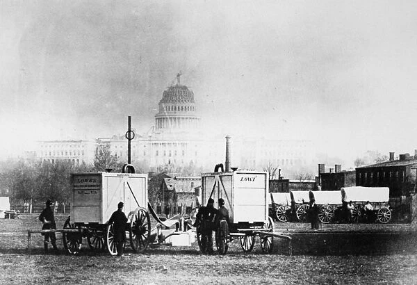 CIVIL WAR: GAS GENERATORS. Union soldiers in Washington, D. C. 1863, with balloon gas generators used by Thaddeus S. C. Lowes Army Aeronautic Corps when surveying Confederate troop movements across the Potomac River