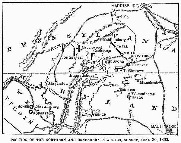 CIVIL WAR: GETTYSBURG. Map showing the positions of the Union and Confederate forces