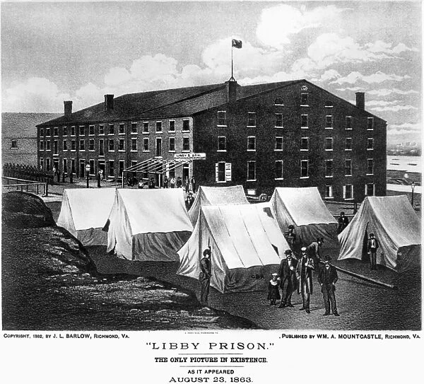 CIVIL WAR: LIBBY PRISON. The Confederate Libby Prison in Richmond, Virginia, as it appeared on 23 August 1863. Lithograph, c1882