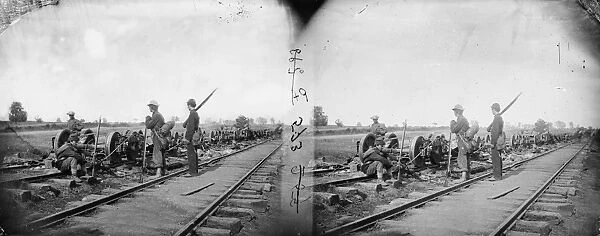 CIVIL WAR: MANASSAS, 1862. Soldiers beside damaged rolling stock of the Orange