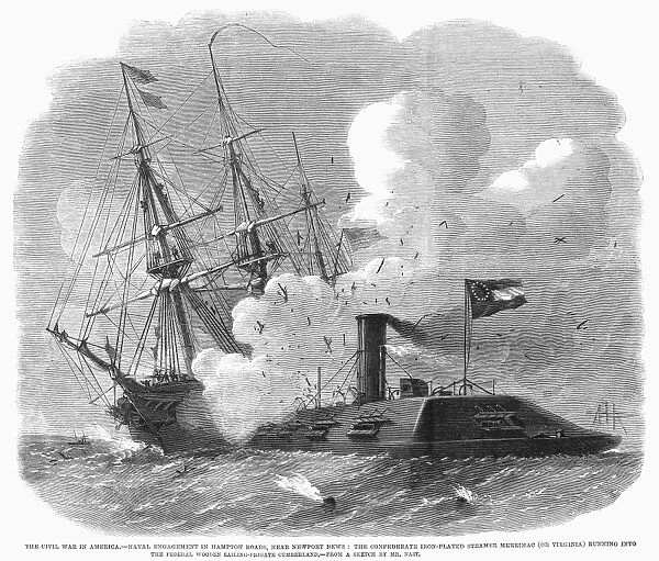 CIVIL WAR: MERRIMACK, 1862. The sinking, in Hampton Roads, of the U. S. S. Cumberland by the ironclad Merrimack, 8 March 1862. Wood engraving from a contemporary English newspaper