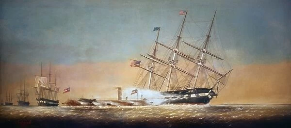CIVIL WAR: MERRIMACK, 1862. The sinking of the U. S. S. Cumberland by the Merrimack (C. S. S. Virginia), 8 March 1862. Painting by C. S. Raleigh, 1884