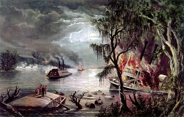 CIVIL WAR: NAVAL BATTLE. The Mississippi in Time of War. Watercolor, pencil and gouache painting by Fanny Palmer, 1862