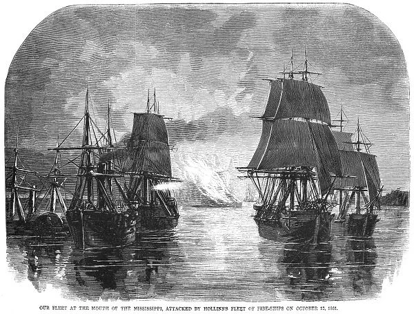 CIVIL WAR: NAVAL SQUADRON. A Union squadron anchored at the mouth of the Mississippi River attacked by a Confederate fleet under Commodore George Nichols Hollins on the night of 12 October 1861. Wood engraving from a contemporary American newspaper
