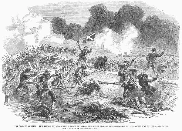 CIVIL WAR: PETERSBURG. James Longstreets Texas Brigade retaking the Union Armys position on the James River before the Siege of Petersburg during the American Civil War, 16 June 1864. Contemporary line engraving