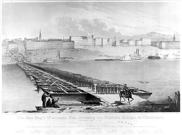 CIVIL WAR: PONTOON BRIDGE. Union troops of the 21st Regiment Wisconsin Volunteers crossing the pontoon bridge over the Ohio River at Cincinnati, Ohio. Lithograph of a sketch by A. E. Mathews, 13 September 1862