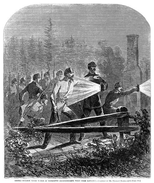 CIVIL WAR: RECONNOITERING. Confederate soldiers reconnoitering with dark lanterns outside their position at Yorktown, Virginia. Engraving, after Winslow Homer, on the front page of Harpers Weekly, 17 May 1862