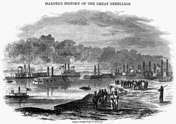 CIVIL WAR: RED RIVER, 1863. Admiral David Dixon Porters fleet of ironclads on the Red River, March 1863. Wood engraving from a contemporary American newspaper