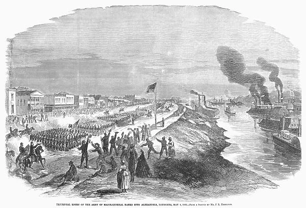 CIVIL WAR: RED RIVER, 1863. The triumphal entry of Major General Nathaniel P. Banks and Union forces into Alexandria, Louisiana, 4 May 1863. Wood engraving from a contemporary American newspaper