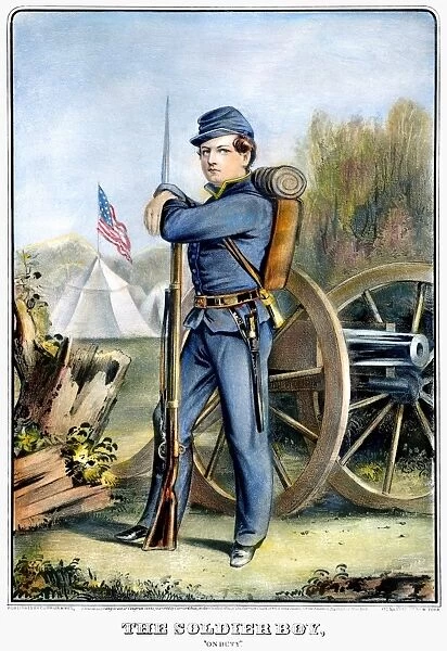 CIVIL WAR SOLDIER  /  UNION. Union soldier boy: lithograph, 1864, by Currier & Ives