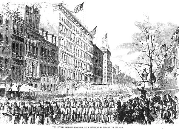 CIVIL WAR: SOLDIERS, 1861. New Yorks 7th Regiment marching down Broadway, 19 April 1861. American wood engraving after Thomas Nast, 1861