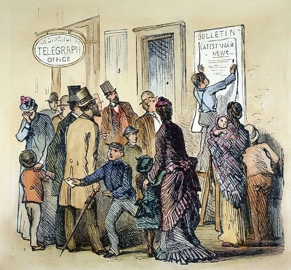 CIVIL WAR TELEGRAPH OFFICE. Reading the latest dispatches from the Civil War outside a Western Union telegraph office in a Northern city: wood engraving, c1861