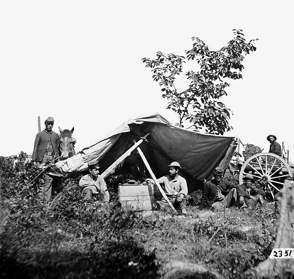 CIVIL WAR: TELEGRAPHERS, 1864. Field telegraph station at Wilcoxs Landing, Virginia, during the Civil War, 1864