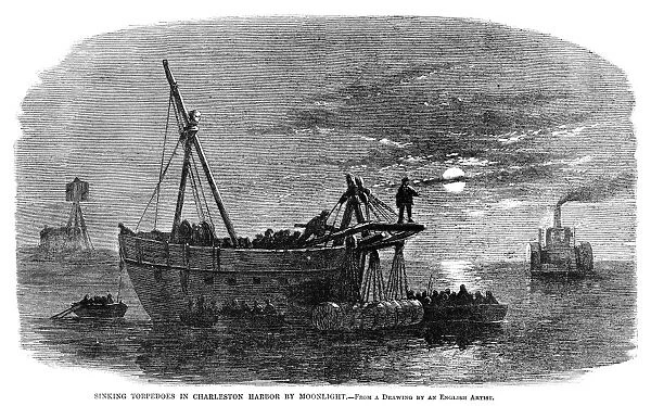 CIVIL WAR: TORPEDO BOAT. Sinking torpedoes in Charleston Harbor by moonlight. Engraving