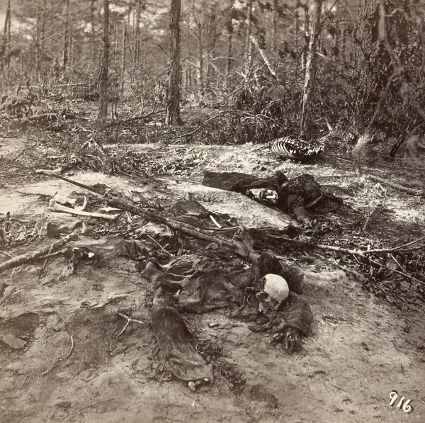 CIVIL WAR: UNBURIED DEAD. View of skeletal remains and uniforms several months