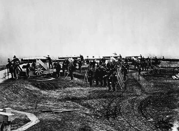 CIVIL WAR: UNION FORT. Union soldiers at Fort Totten in Washington, D. C. during the American Civil War, c1863