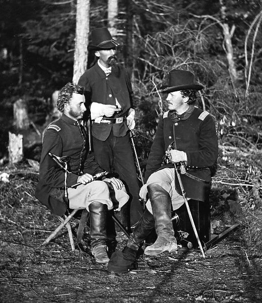 CIVIL WAR: UNION OFFICERS. Lieutenants George Custer, Nicolas Bowen and William G. Jones, near Yorktown, Virginia. Photograph by James F. Gibson, May 1862