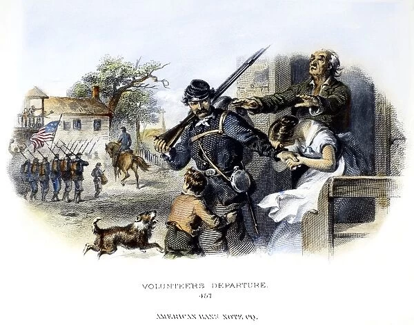 CIVIL WAR: UNION VOLUNTEER. Departure of a volunteer for the Union Army during the American Civil War (1861-65). Steel engraving, American, c1870