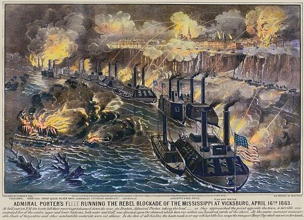 CIVIL WAR: VICKSBURG, 1863. Admiral David Porters fleet on the Mississippi River, bombarding the Confederate blockade at Vicksburg, 16 April 1863. Lithograph by Currier and Ives, 1863
