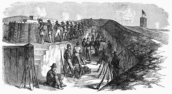 CIVIL WAR: VICKSBURG, 1863. Union infantrymen in a trench during the siege of Vicksburg, Mississippi, May to July 1863. Wood engraving from a contemporary German edition of an American newspaper
