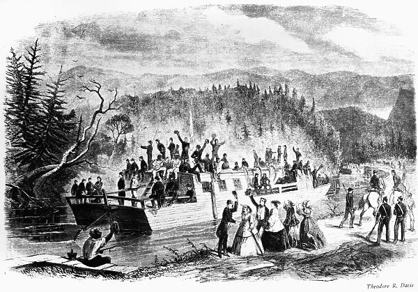 CIVIL WAR: VOLUNTEERS. Southern volunteers board a Confederate barge enroute to the front. Wood engraving after Theodore R. Davis, c1862