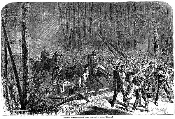 CIVIL WAR: WARs END, 1865. Confederate soldiers returning home after the wars end: wood engraving, American, 1865