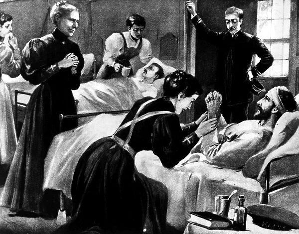 CLARA BARTON (1821-1912). Clara Barton, founder and president of the American Red Cross. Barton supervising nurses at a hospital in Havana during the Spanish-American War, 1898. American lithograph