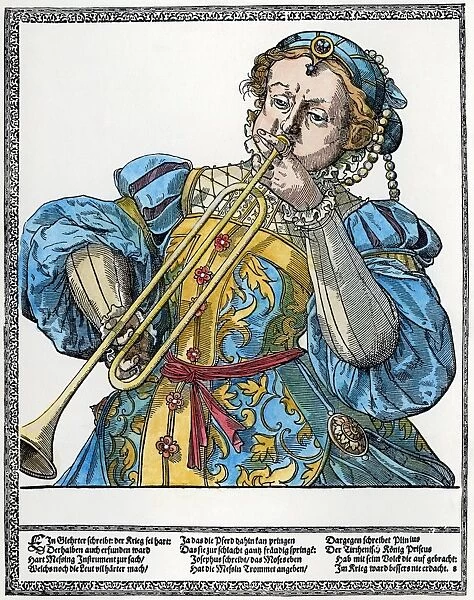 CLARION PLAYER. German woodcut by Tobias Stimmer (1539-1584)